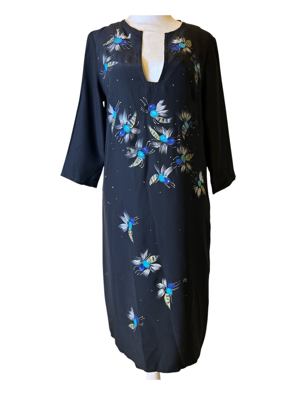 NWT Vintage Loup France 100%silk  Black Midi Dress with Blue Floral Accents